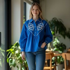 Zara Royal Blue Embroidered Peasant Blouse